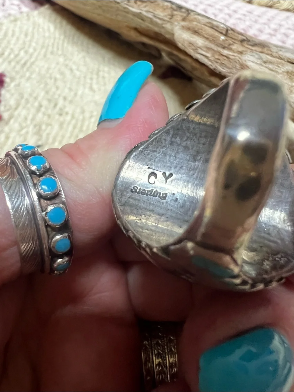 VTG Navajo Sterling Silver Turquoise Leaf Ring 10.5 Signed CY 25g